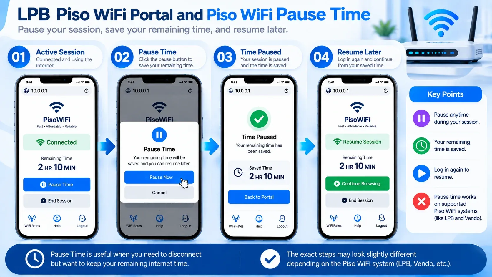 Four LPB Piso WiFi portal screens: active session, Pause Now confirmation, Time Paused with saved time, and Resume Session to continue browsing