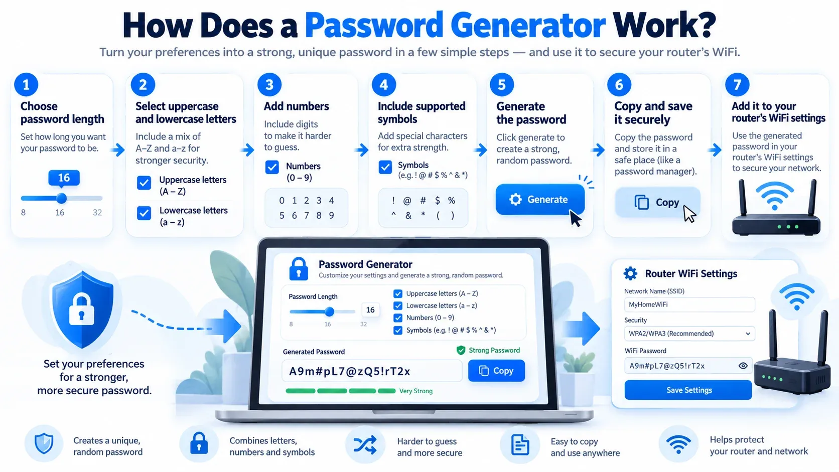 How a password generator works in seven steps: choose the password length, select uppercase and lowercase letters, add numbers, include symbols, generate the password, copy and save it securely, and add it to your router WiFi settings