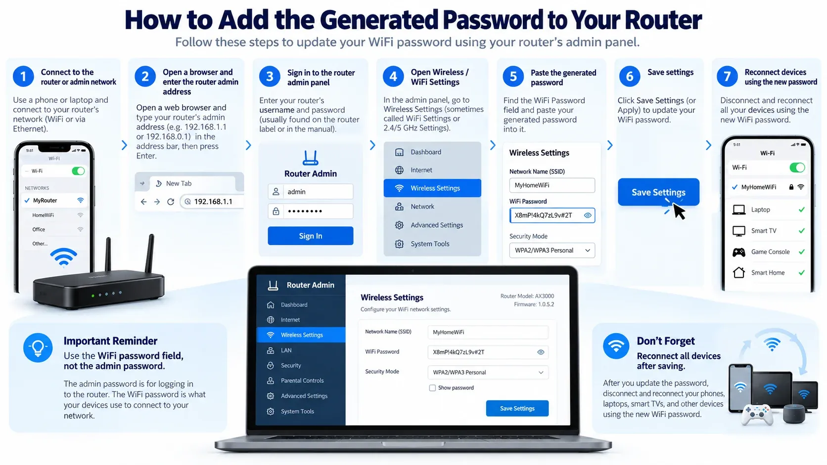 How to add a generated password to your router in seven steps: connect to the router network, open the router admin address such as 192.168.1.1, sign in, open Wireless Settings, paste the password, save settings, and reconnect your devices