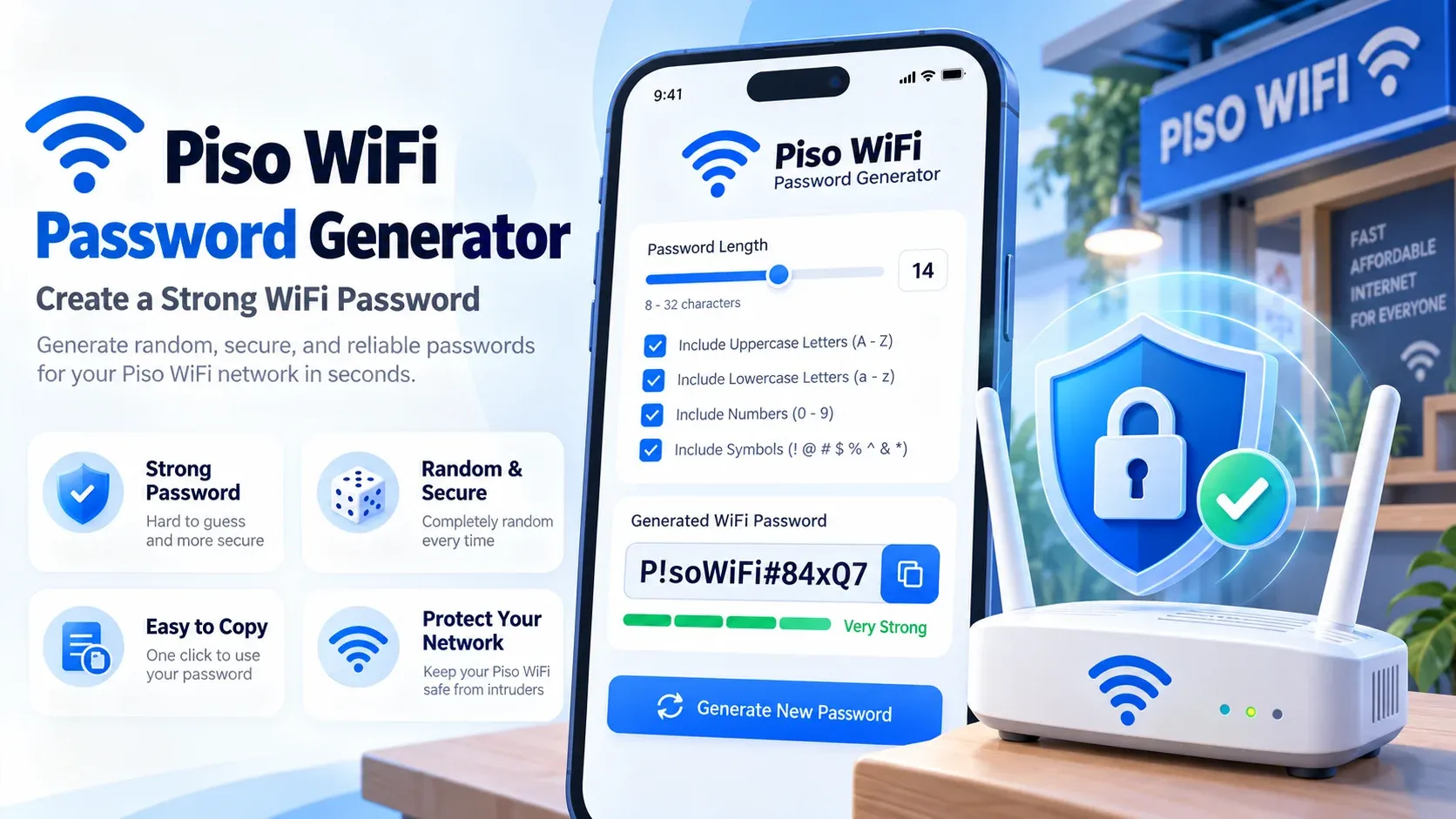 Piso WiFi password generator creating a strong WiFi password with length, uppercase, lowercase, number, and symbol options, a very strong generated password, and a router protected by a security shield