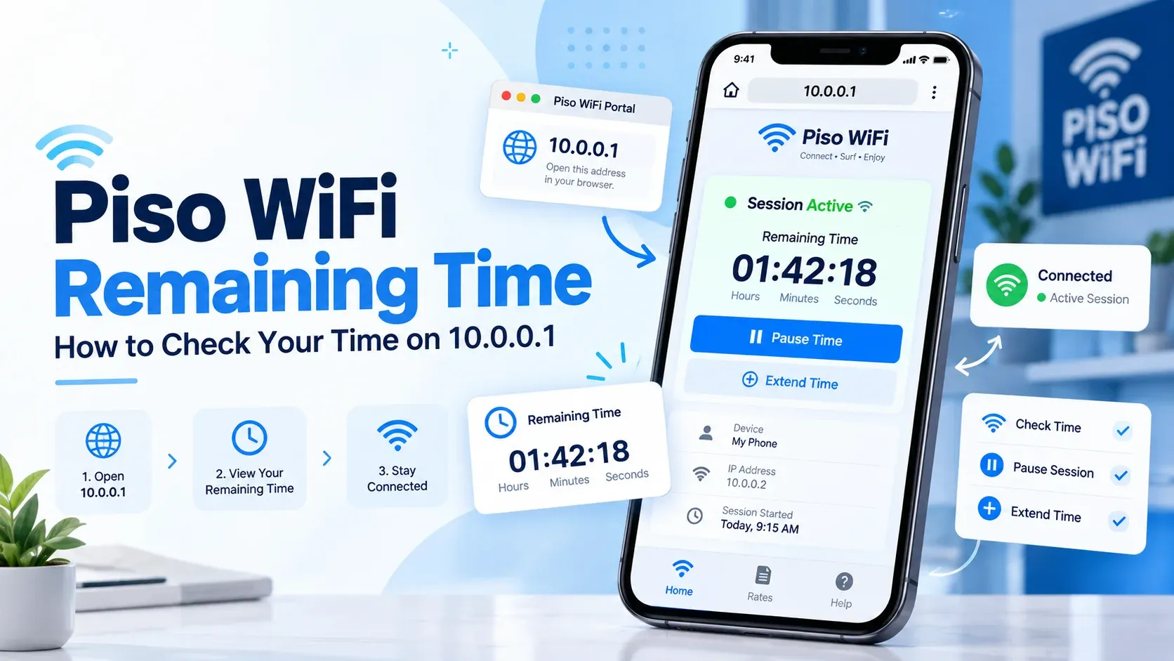 Piso WiFi remaining time on the 10.0.0.1 portal showing an active session with 01:42:18 left, Pause Time and Extend Time buttons, and steps to open 10.0.0.1 and view your remaining time