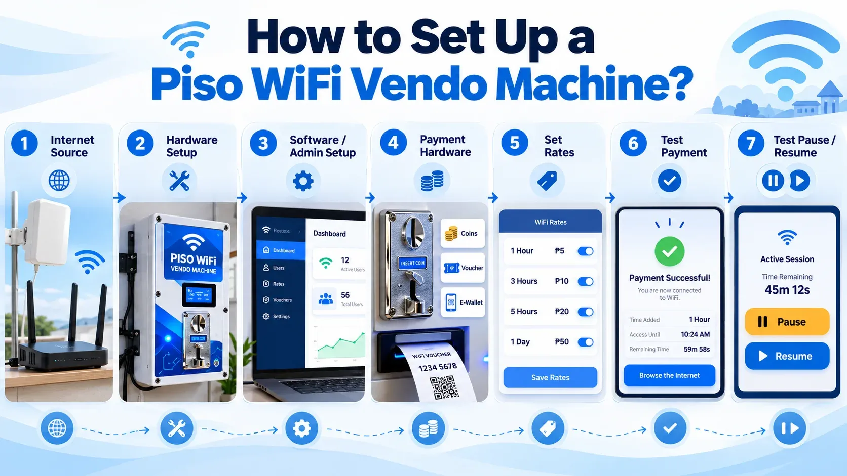 How to set up a Piso WiFi Vendo machine in seven steps: internet source, hardware setup, software and admin setup, payment hardware, set rates, test payment, and test pause and resume
