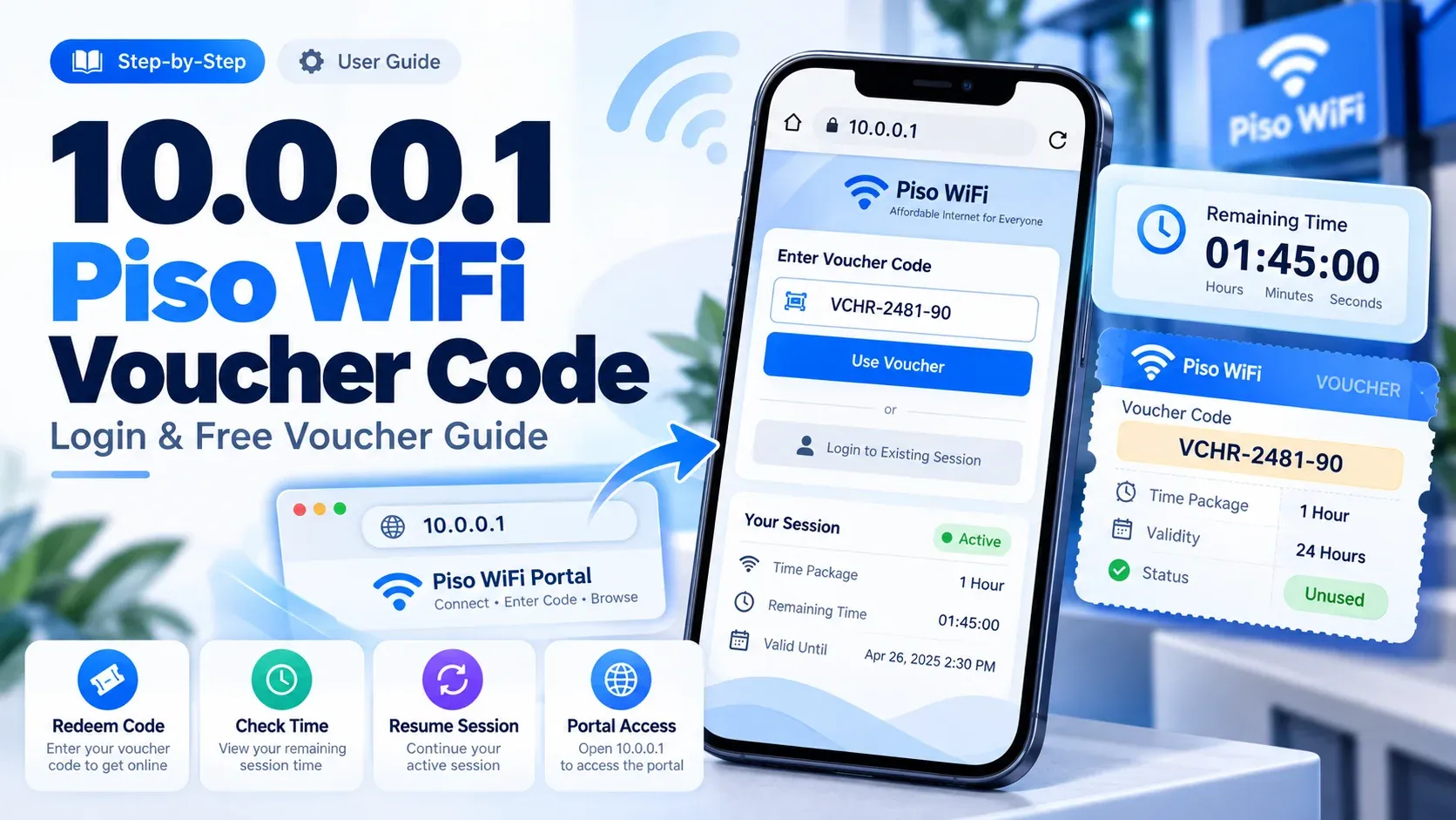 10.0.0.1 Piso WiFi voucher code login guide showing a phone entering a voucher code, a Use Voucher button, remaining time, and an unused voucher with a 1 hour package