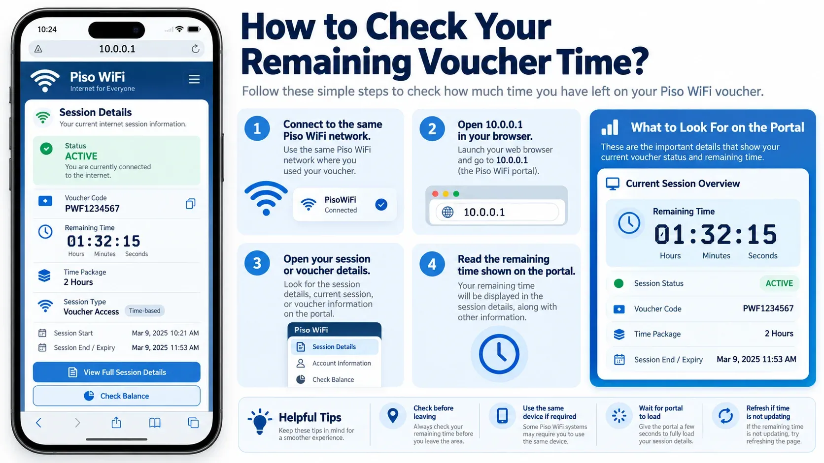 How to check remaining Piso WiFi voucher time: connect to the same network, open 10.0.0.1, open session or voucher details, and read the remaining time, status, voucher code, and expiry